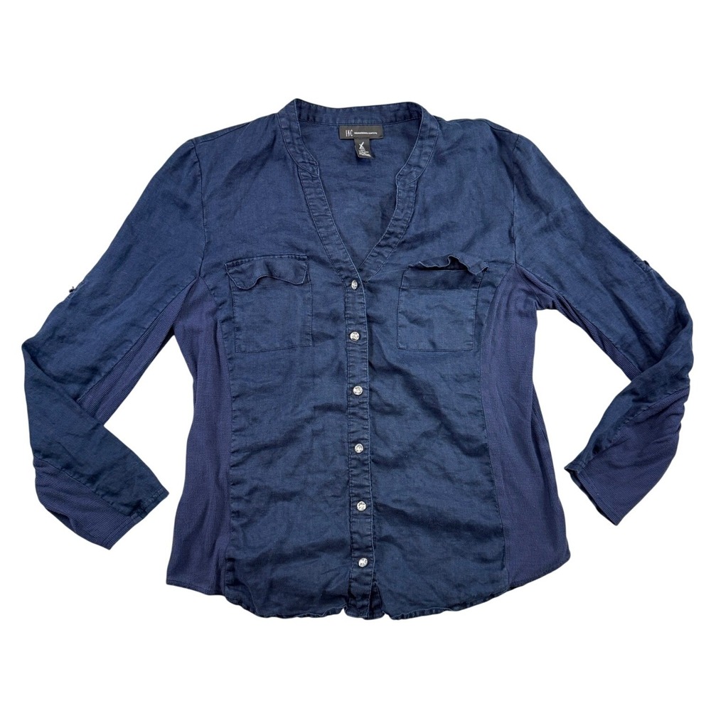 INC International Concepts Navy Blue Linen Mixed Media Button Down Shirt XL
